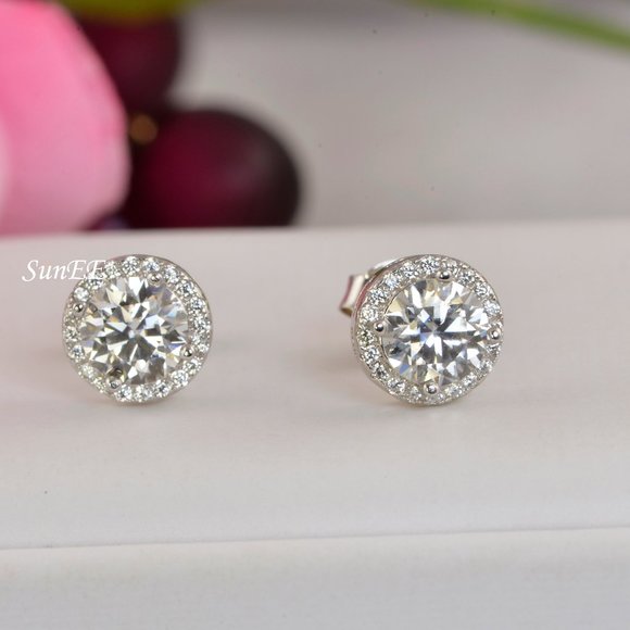 GRA Certified 2ctw Halo Round Cut Moissanite Stud Earrings NEW - Picture 6 of 13